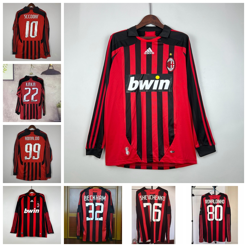 2007 08 08 09 Temporada AC Milan Retro Manga Longa Home Jersey Futebol