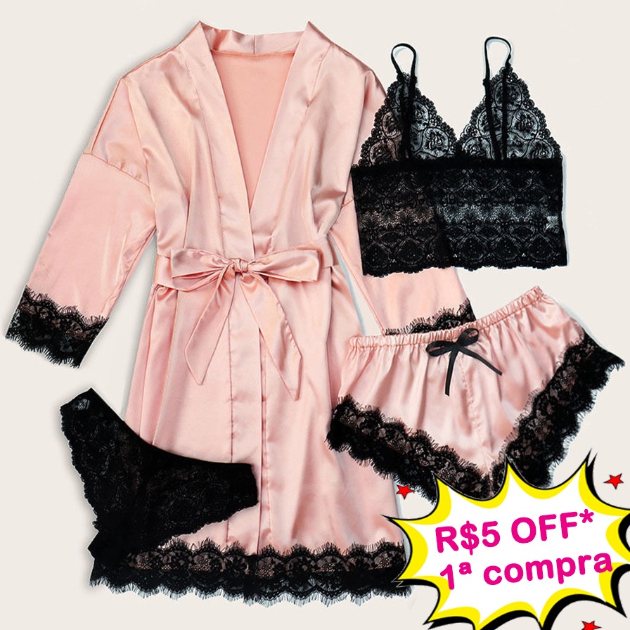 Conjunto de Lingerie Feminina 4 Peças Robe Longo em Cetim Calcinha e