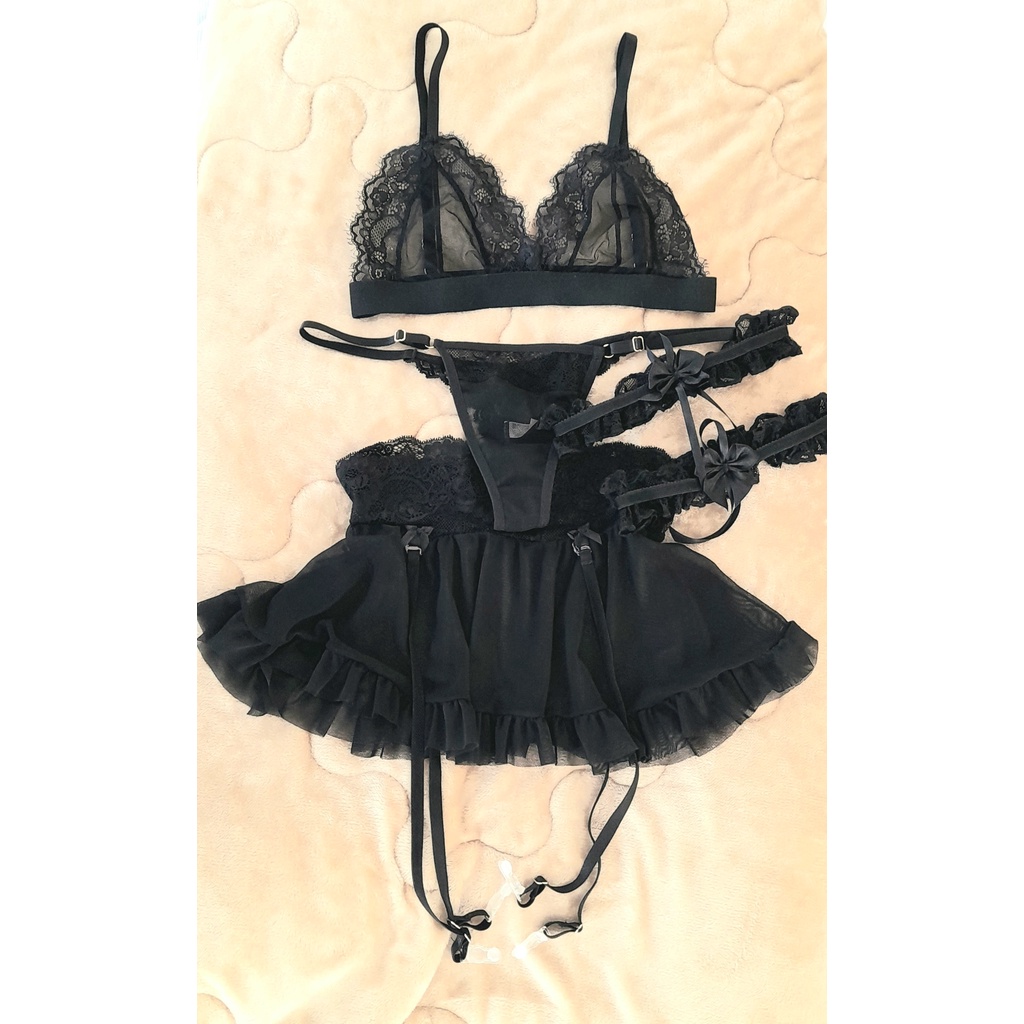 Conjunto Lingerie Tule E Renda Saia De Liga Meia Ou Persex