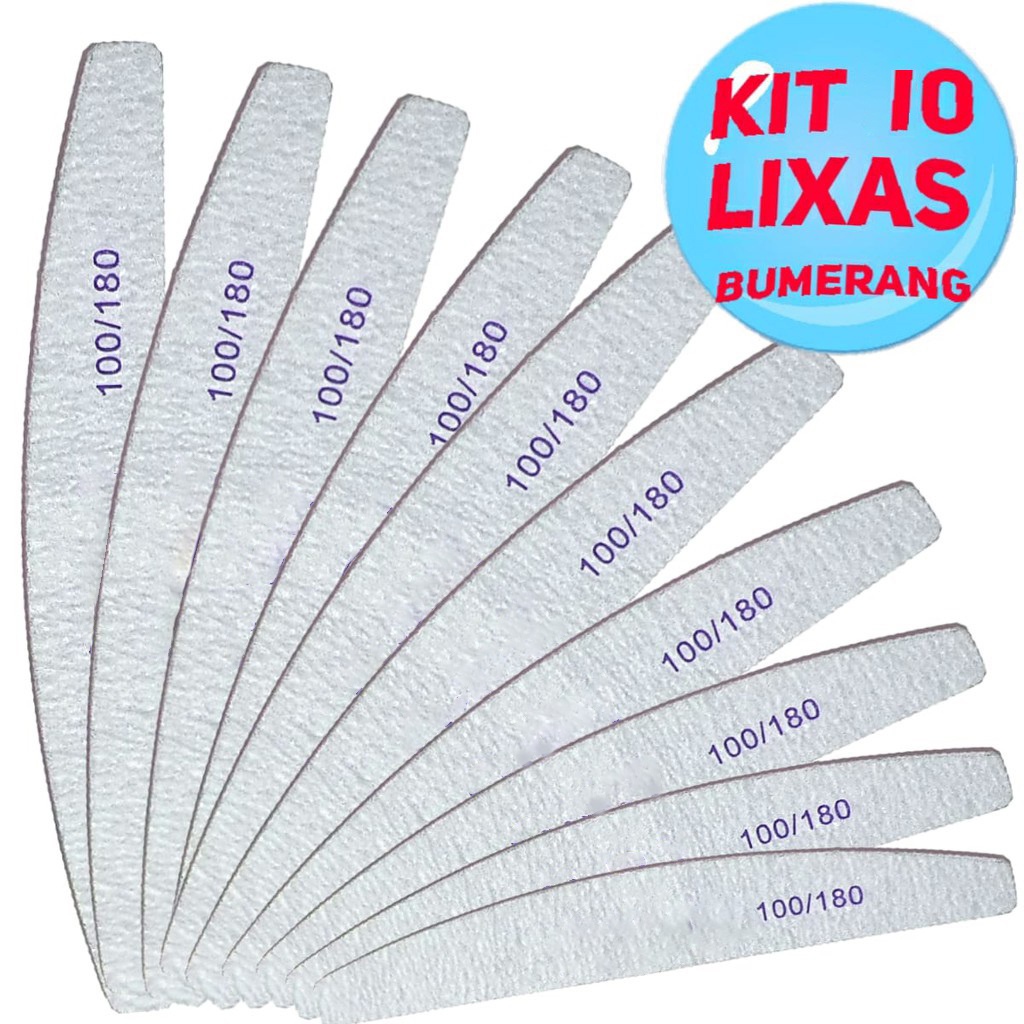 Kit 10 Lixas Bumerangue De Unha Meia Lua 100 180 Unhas Porcelana