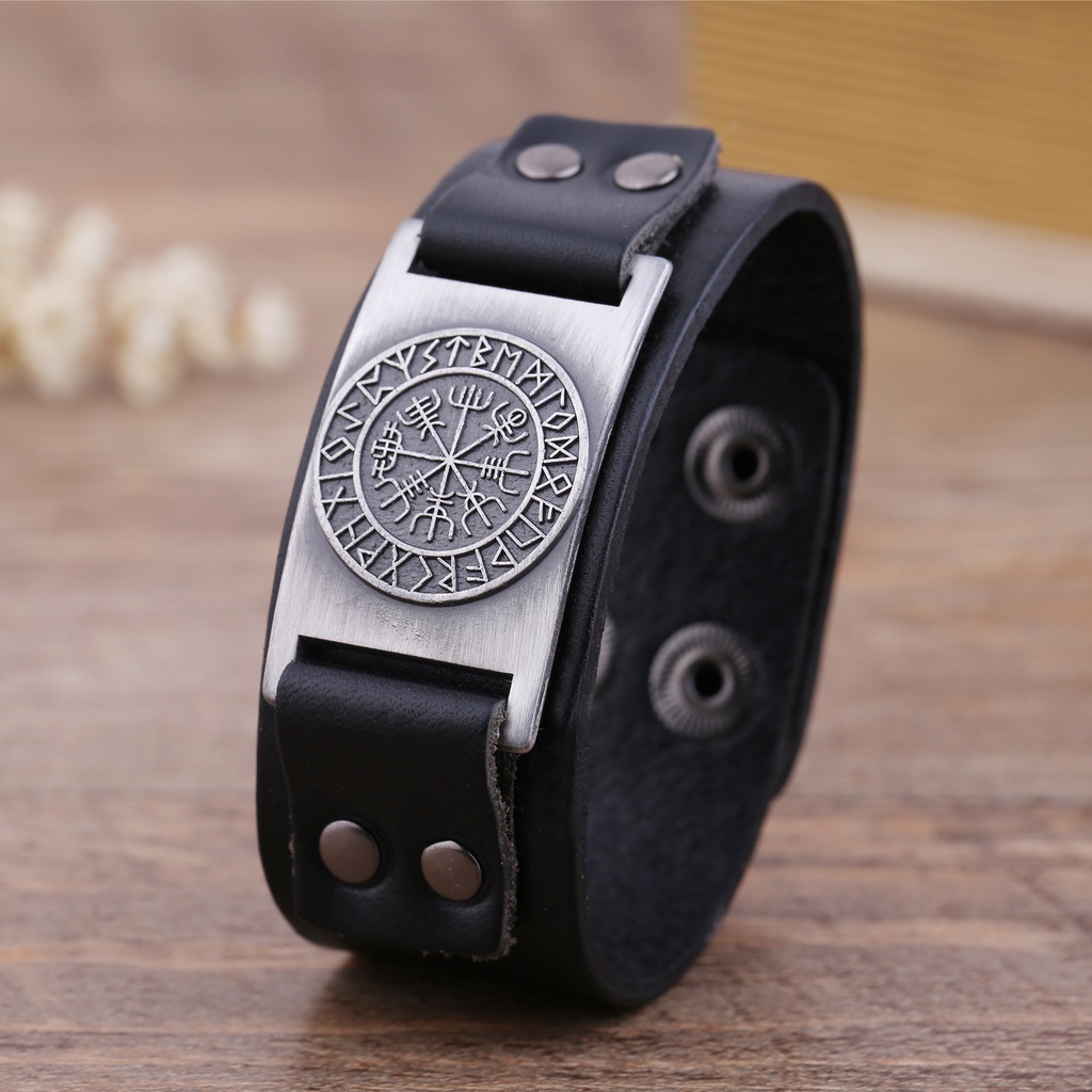 Pulseira Couro Viking Vegvisir Bracelete Masculino Ragnar Runas B Ssola