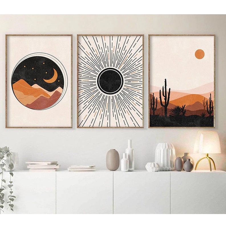 Quadro decorativo 3 peças 40x60 vintage abstrato sol e lua arcos de