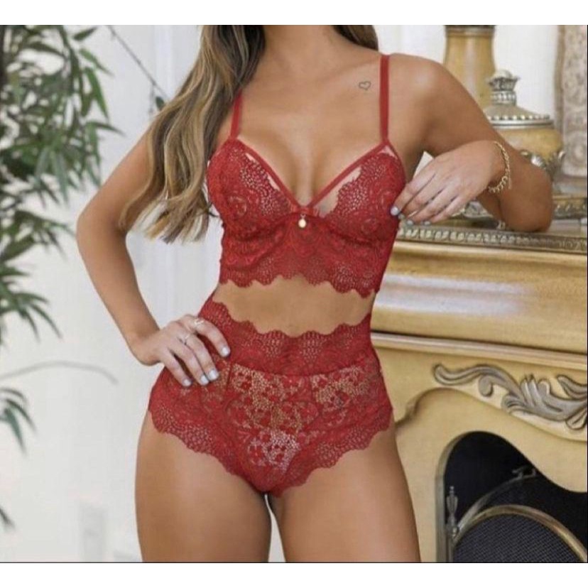 Conjunto Lingerie Calcinha Lacradora e Sutiã Cropped Rendado Shopee Brasil