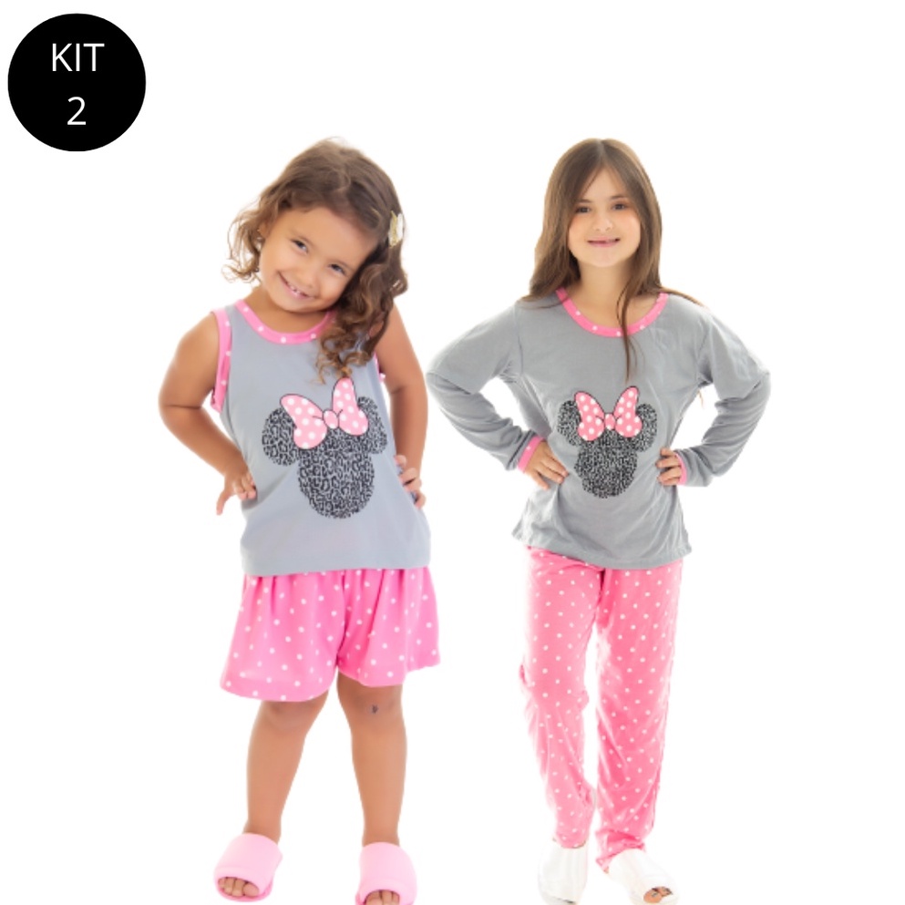 Kit Pijama Longo E Short Doll Curto Infantil Ver O Manga Regata