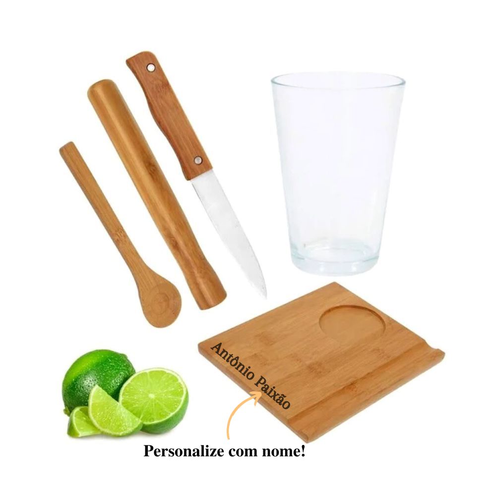 Kit Caipirinha Personalizado Conjunto Bar Profissional Bamboo Pinga