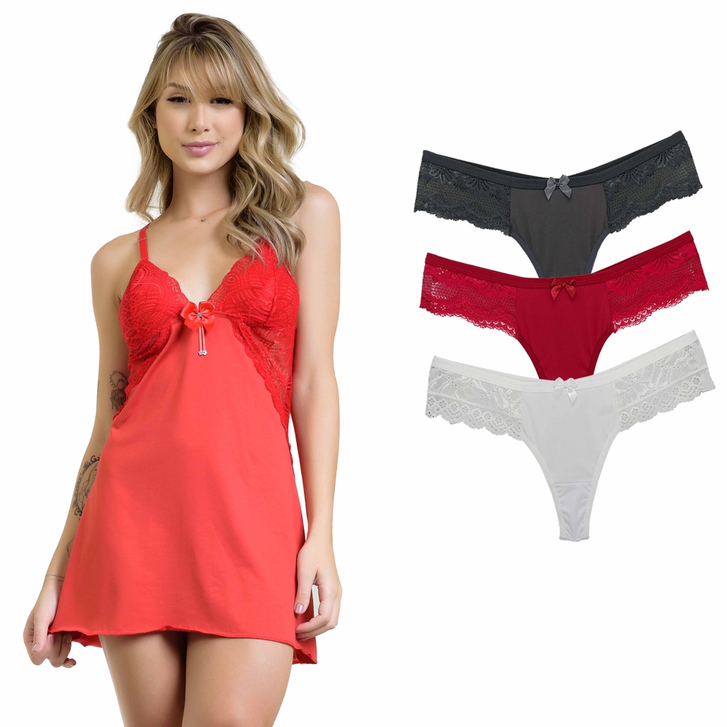 Kit Camisola Microfibra Renda Luxo Sensual E Calcinha Feminina