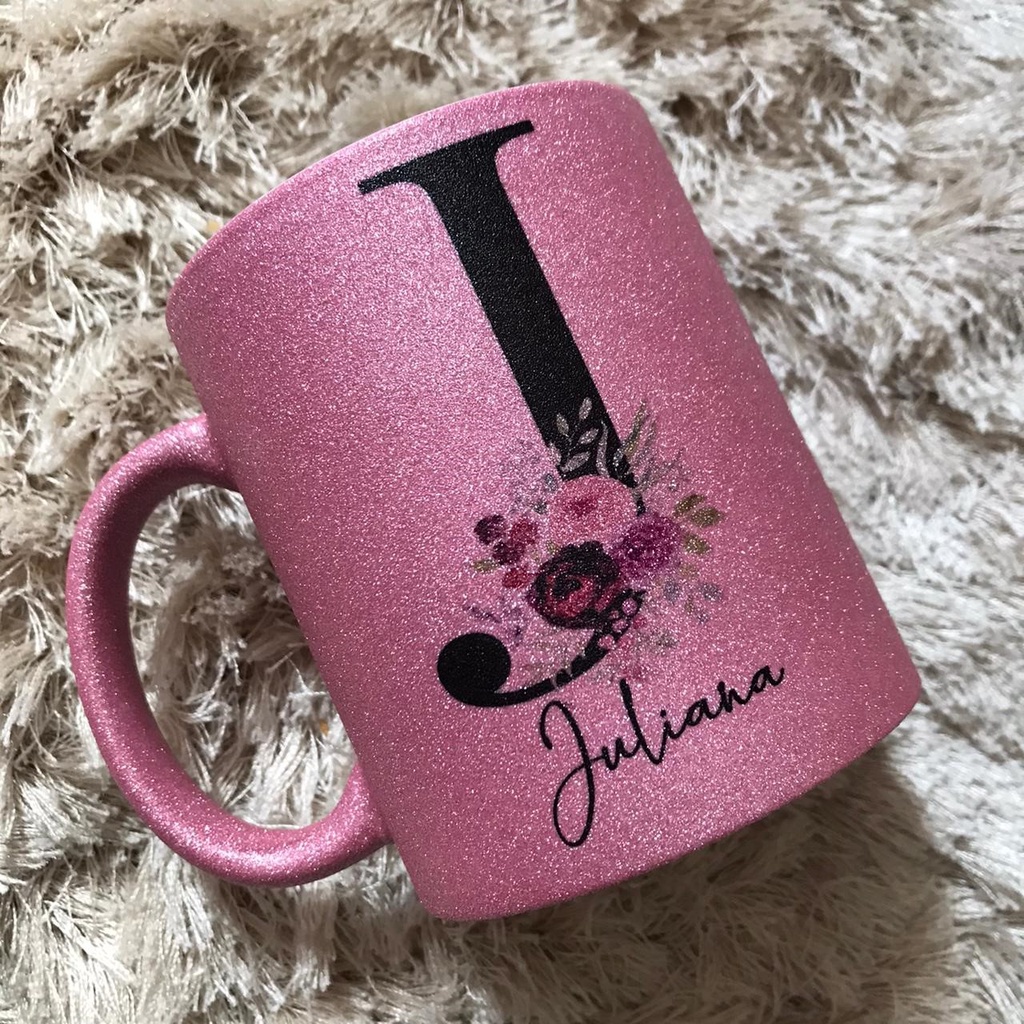 Caneca Glitter Personalizada Inicial Nome Rosa Claro