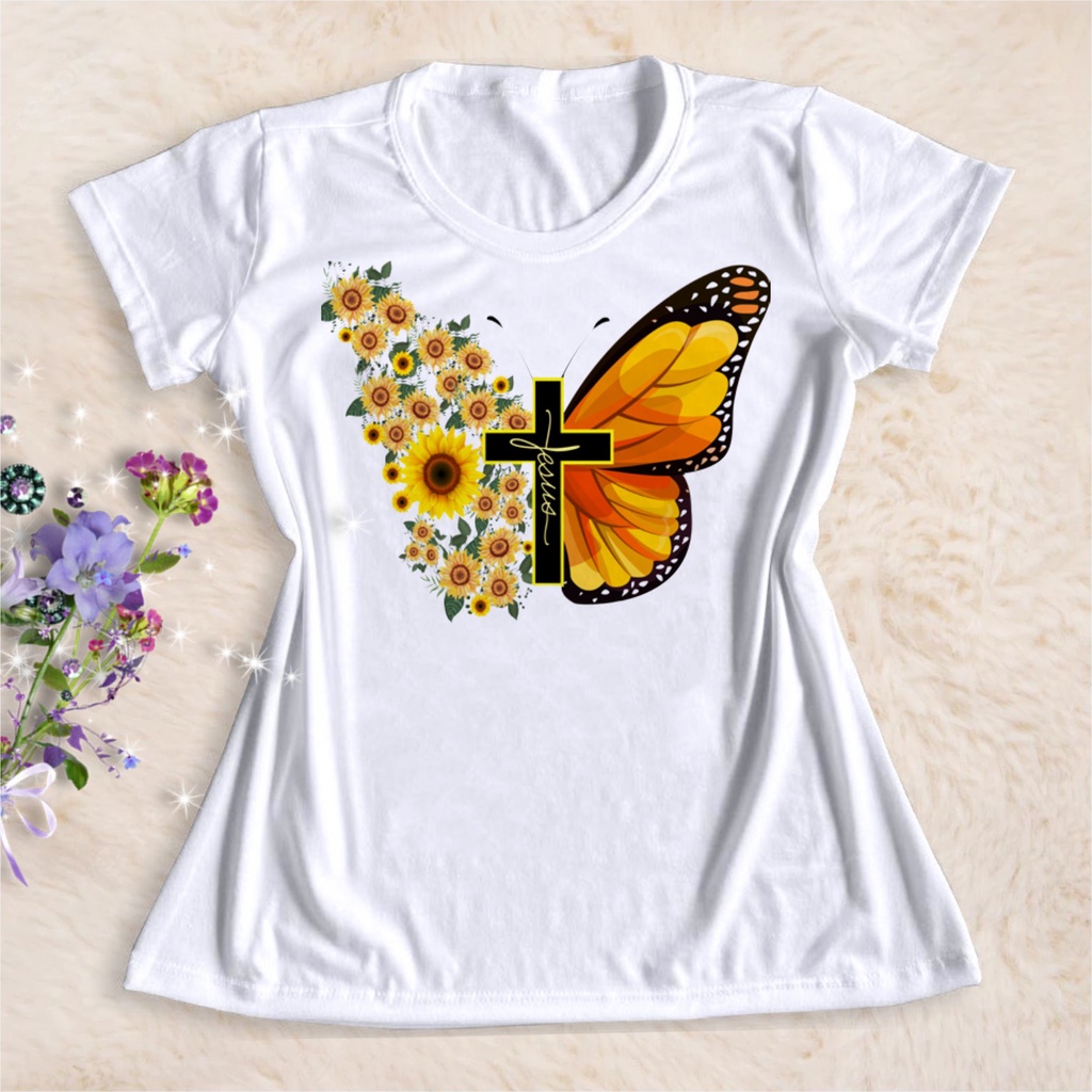 Camisa T Shirt Blusinha Girasol Borboleta Jesus Shopee Brasil