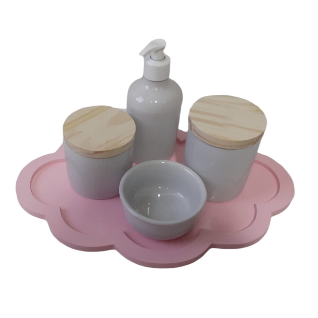 Kit Higiene Bebê Porcelana Branca Potes Tampa madeira Saboneteira