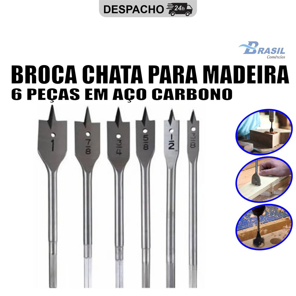 Jogo Broca Chata Para Madeira 6 Peças Em Aço Carbono Fertak Shopee