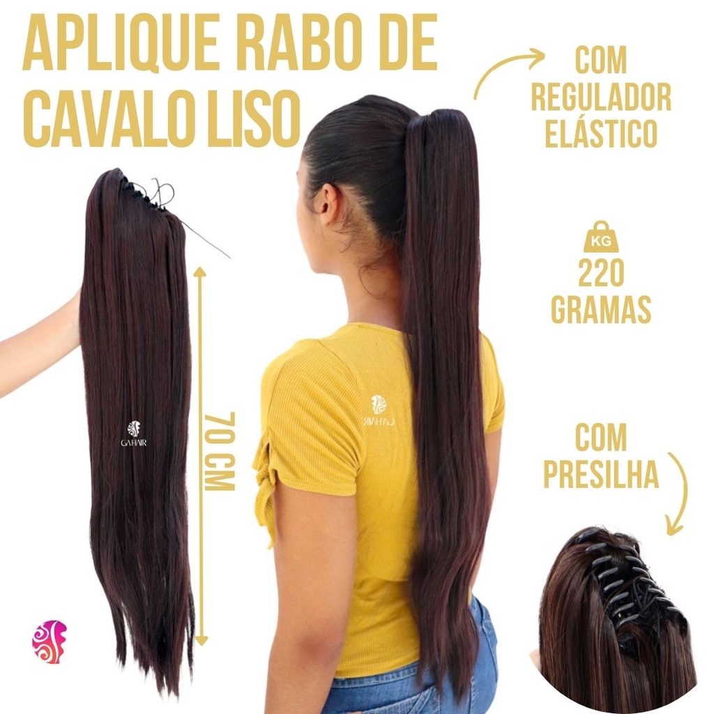 Aplique Rabo De Cavalo Liso Presilha E Regulador Fibra Organica