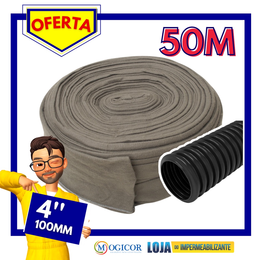 50 Metros De Camisa Bidim Drenante P Tubo De Dreno 100mm 4 Drenagem