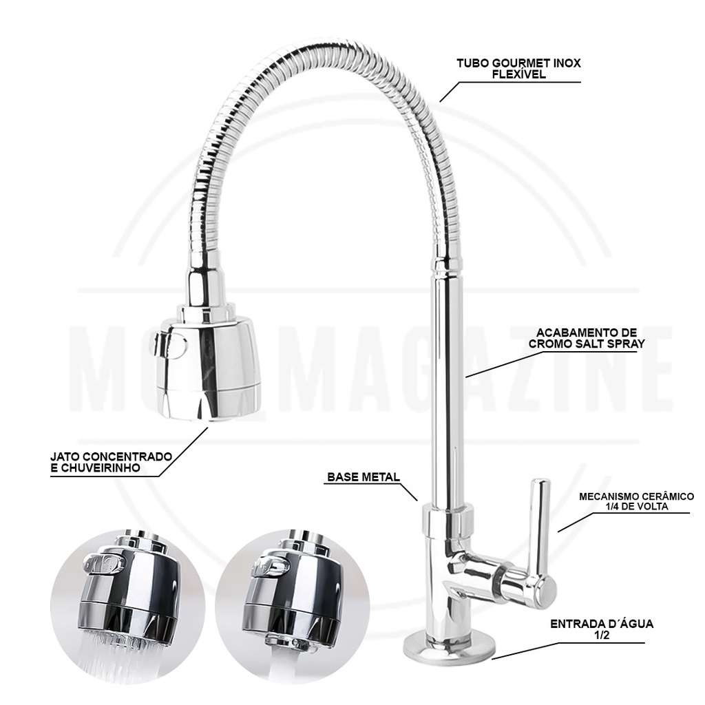 Torneira Gourmet Cozinha Bancada Mesa Pia METAL Cano Inox Flexível 1 4