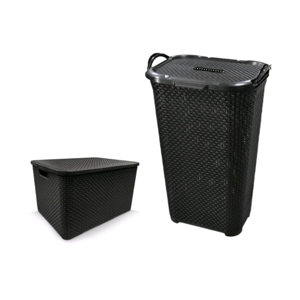 Kit Cesto De Roupa Rattan 50L Caixa Organizadora 7L Preta Arqplast