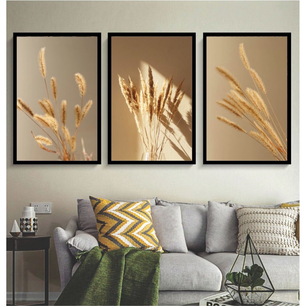 Kit 3 Quadros Decorativos Trigo Capim Botânicos Folhagem Bege Nude