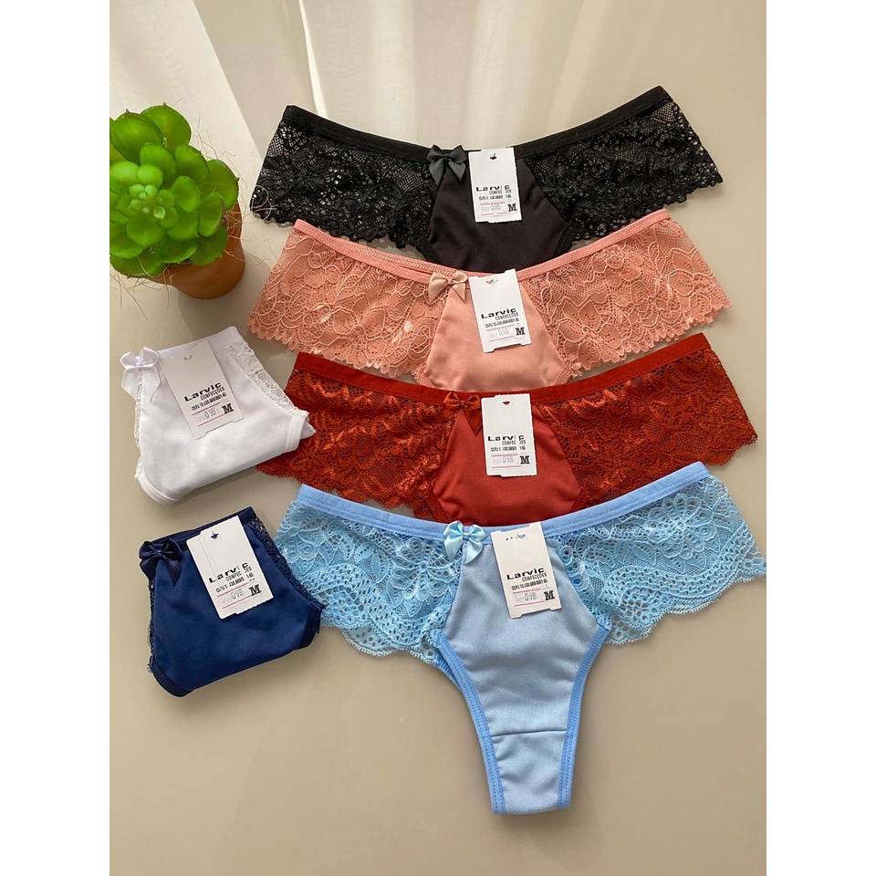 kit Calcinha laterais de renda lingerie feminina tanga poliéster