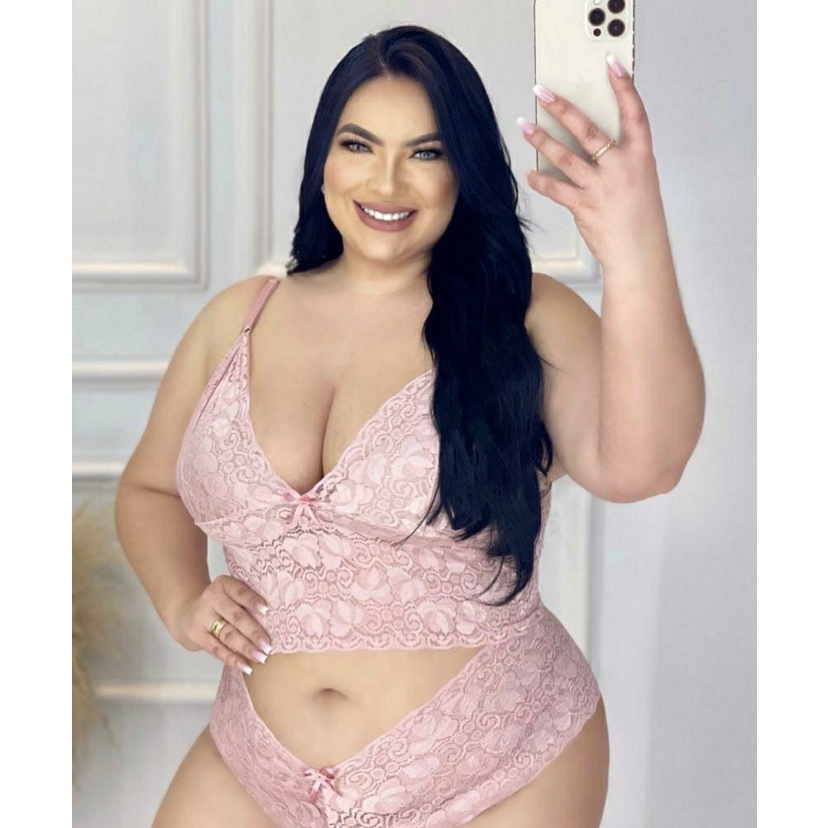 Conjunto Lingerie Espera Marido Plus Size Lingerie Sexy Cropped E Calcinha Renda Plus Baby Doll