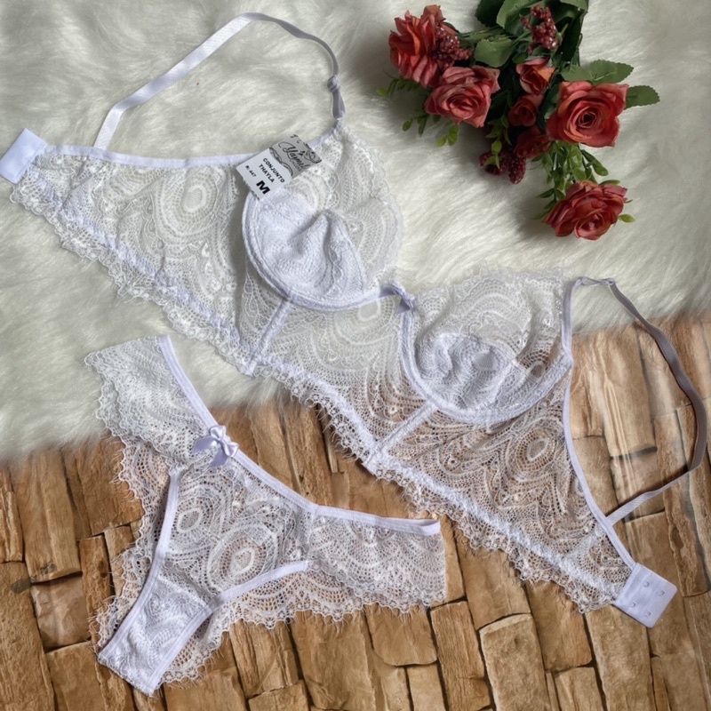 Conjunto Lingerie Corset Cropped Sem Bojo Aro Calcinha Tanga Renda Moda Íntima Sensual Roupa
