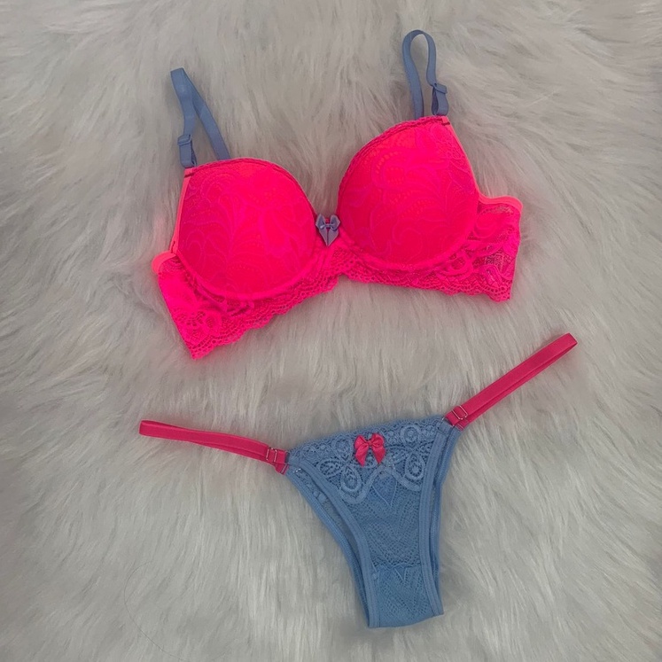 Conjunto Lingerie Neon Bicolor Em Renda Shopee Brasil