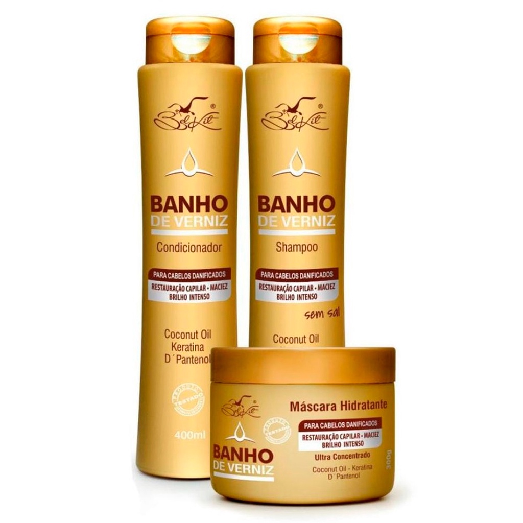 Kit Capilar Banho de Verniz Belkit Shampoo Condicionador e Máscara