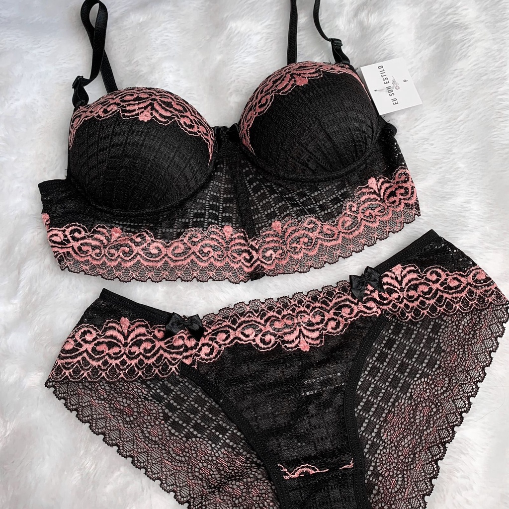 Conjunto Lingerie De Renda Bicolor Bojo Calcinha Tanga Fio Luxo