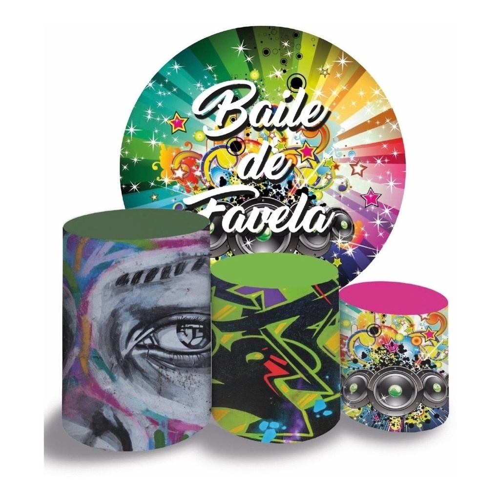 Kit Painel E Trio De Cilindro Tema Baile De Favela Em Tecido Sublimado