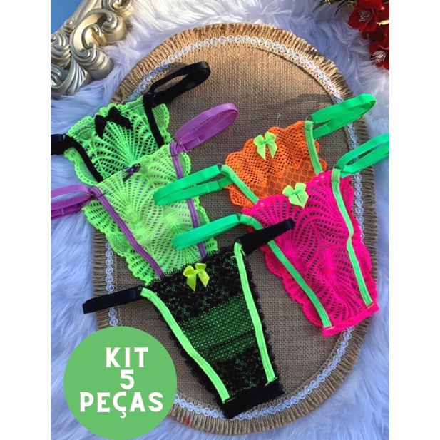 Kit Calcinhas Rendada Neon Color Bicolor Feminina Sensual