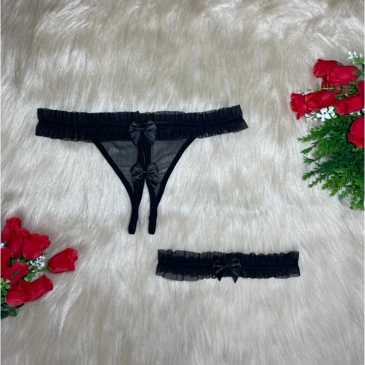 Calcinha Fio Apressadinha Transparente Aberta Perneira Lingerie Sexy