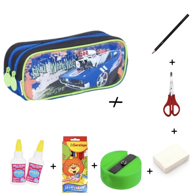 Kit Completo Estojo Escolar Duplo Hot Wheels Material Escolar Bolsinha