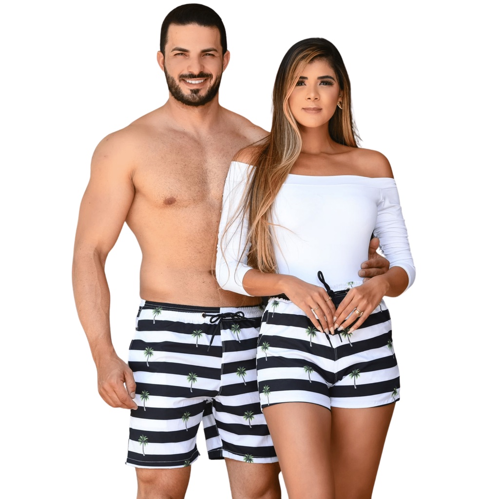 Kit Short Casal Mozao Tactel C Elastano Bermuda Moda Praia C Bolso 2