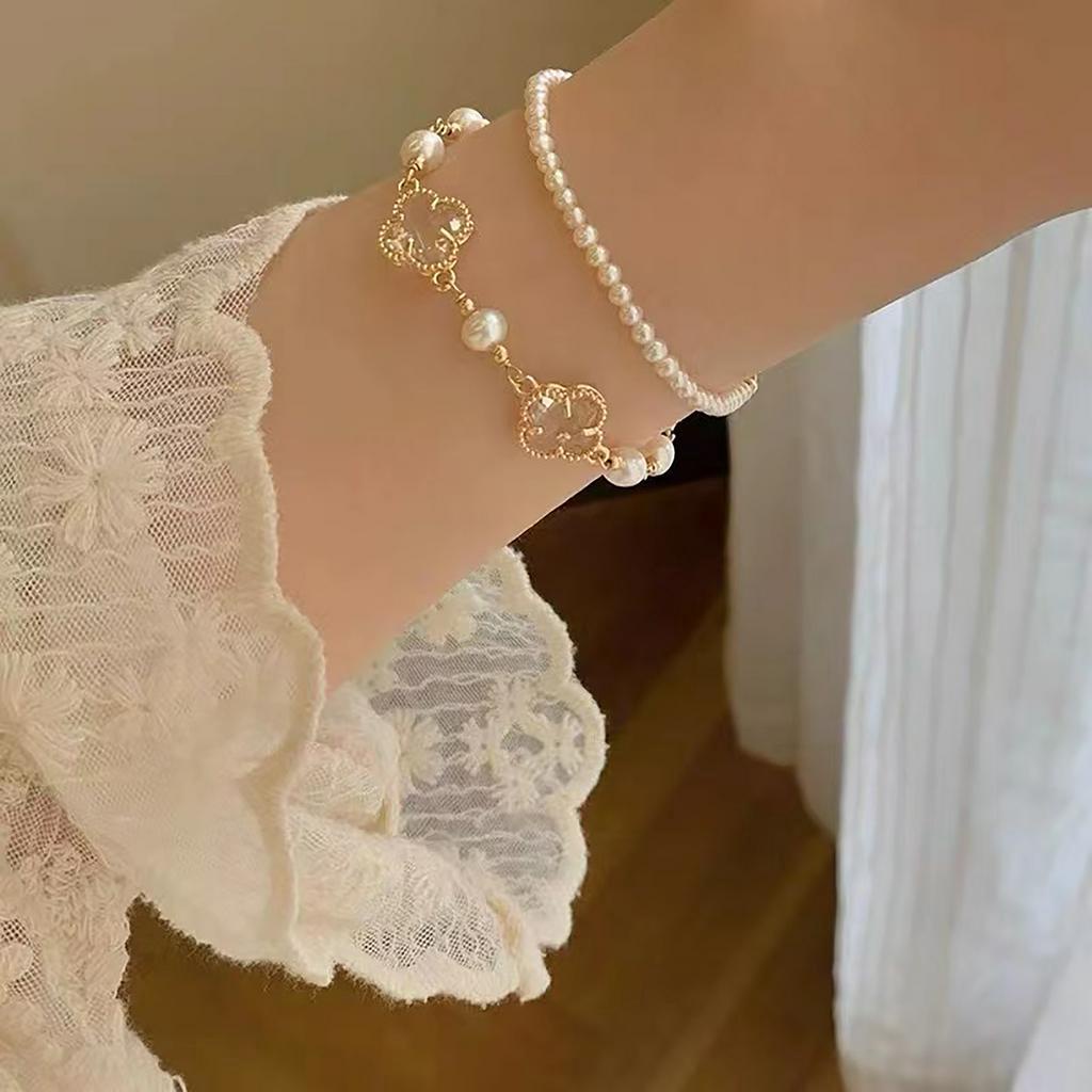 Pulseira Coreana Japonesa Ins Retro Elegante Clover Pearl Bracelet