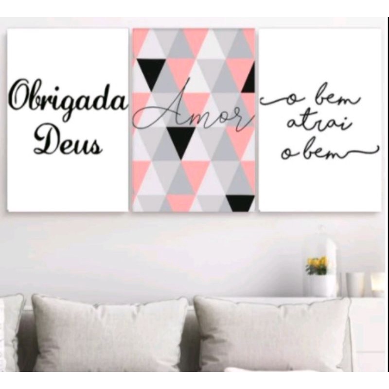 Kit quadrinhos decorativos 3 peças Frases Obrigada Deus Bem Atrai o Bem