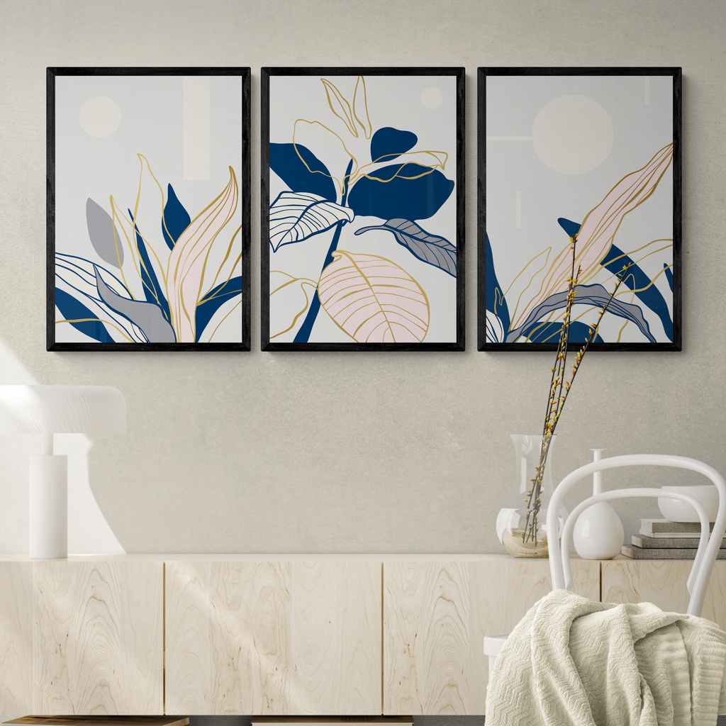 Kit 3 Quadros Decorativos Abstrato Flores Rose E Azul Elegante Sala