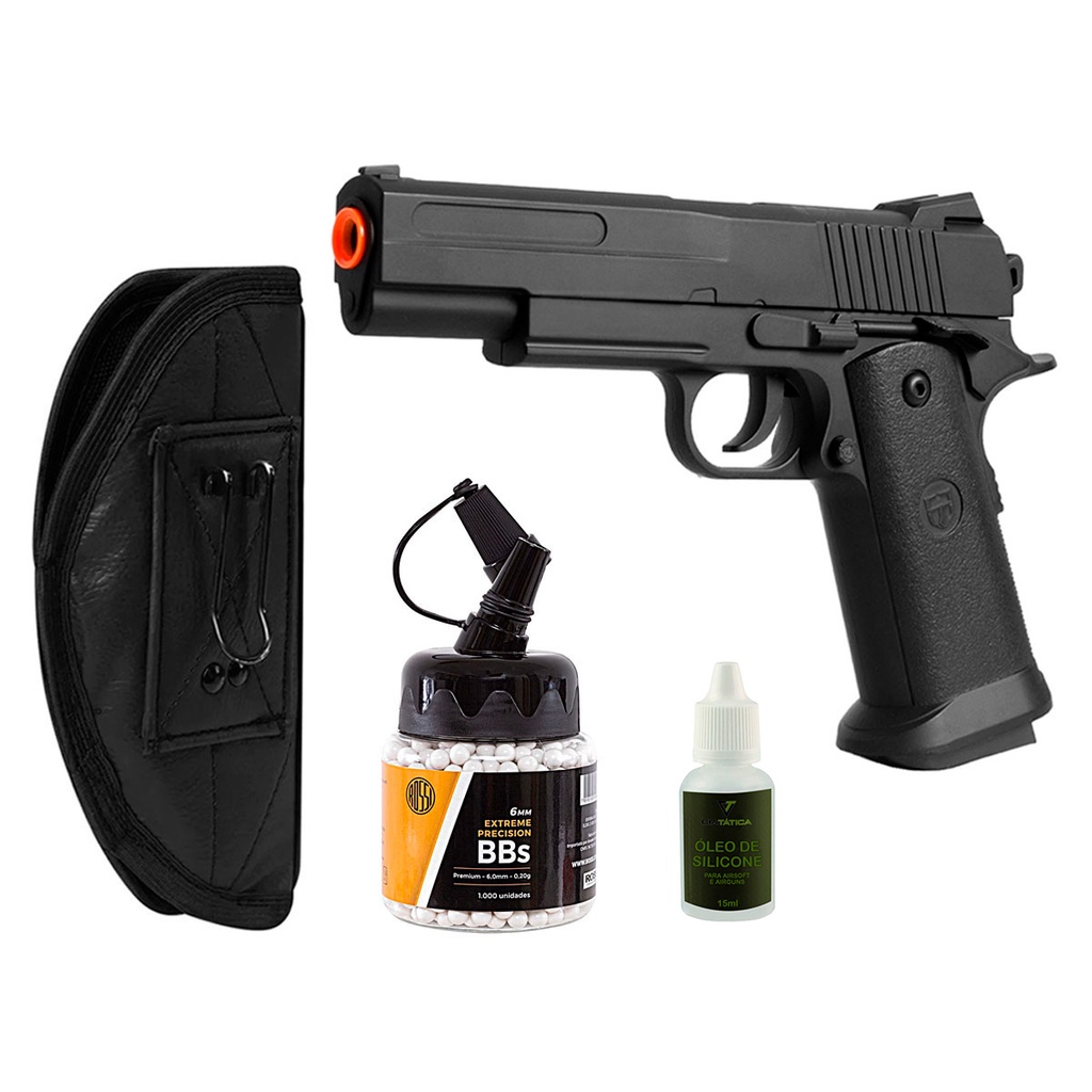 Pistola Airsoft Full Metal Spring Colt 1911 Coldre Couro Preto Pote