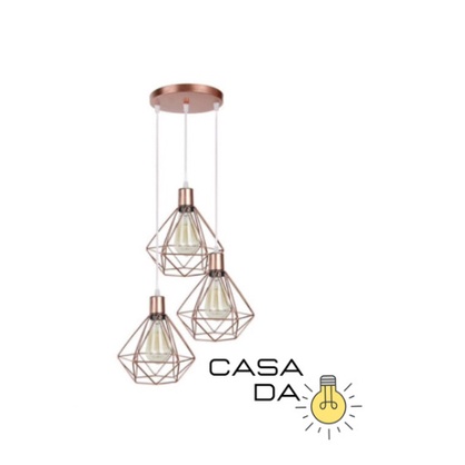 Pendente Lustre Luminária Diamante Aramado Triplo Rose Gold Cabo