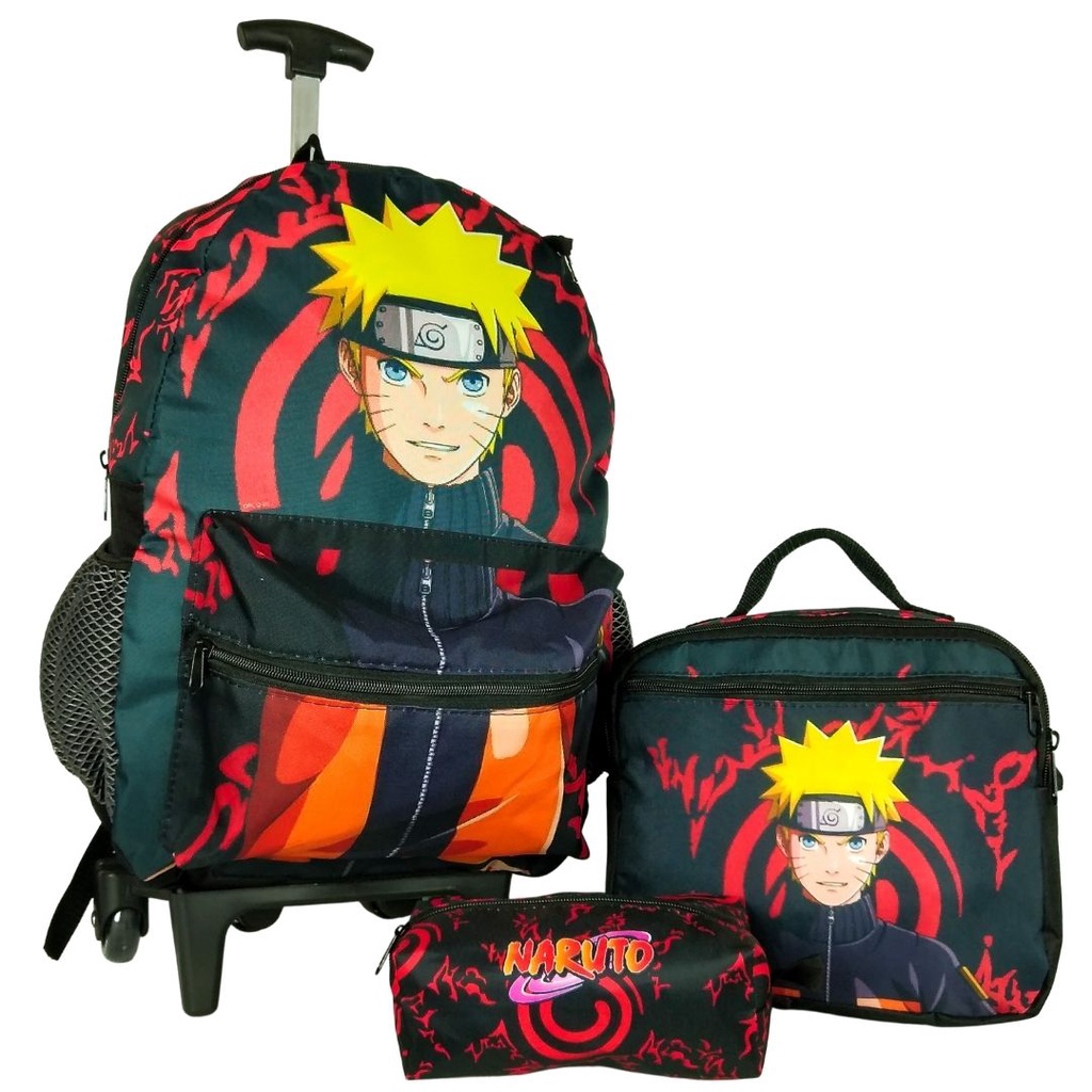 Kit Mochila De Rodinha Naruto Anime Lancheira Térmica Estojo