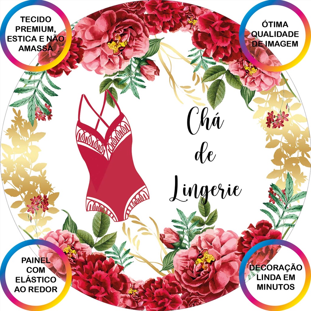 Painel De Festa Redondo Em Tecido 3D Chá Lingerie Flores Vermelhas e