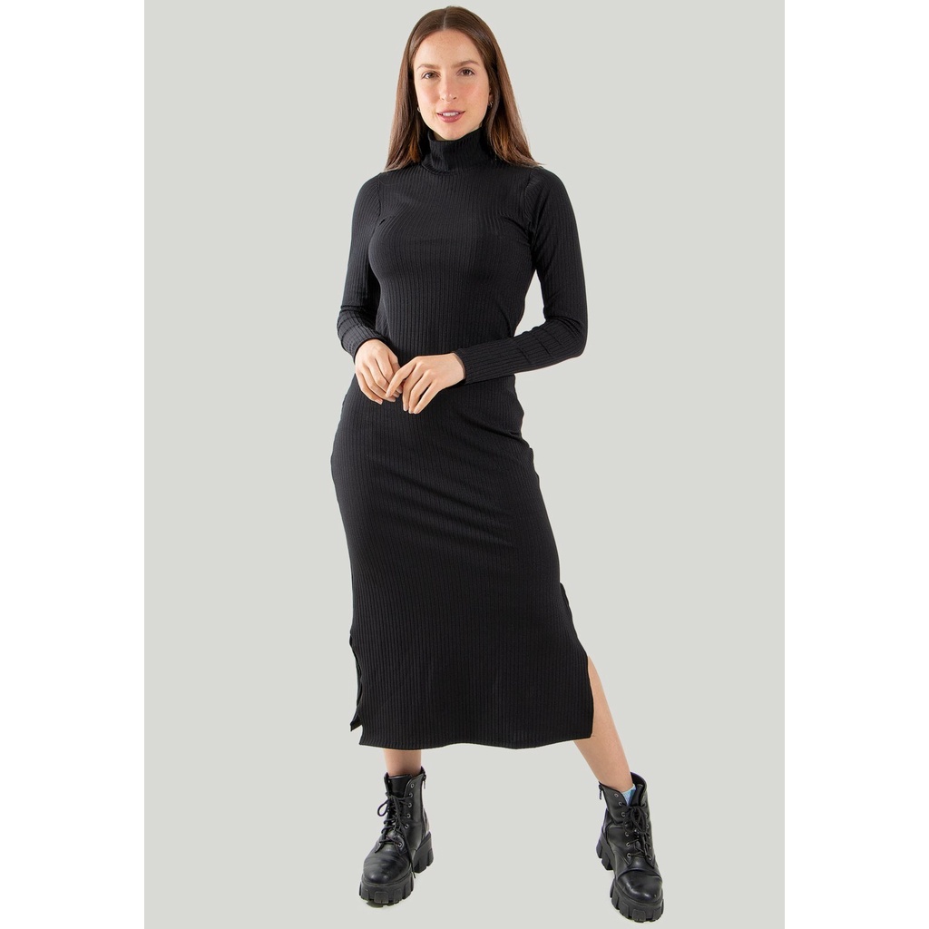 Vestido Midi Gola Alta Manga Longa Canelado Inverno Shopee Brasil