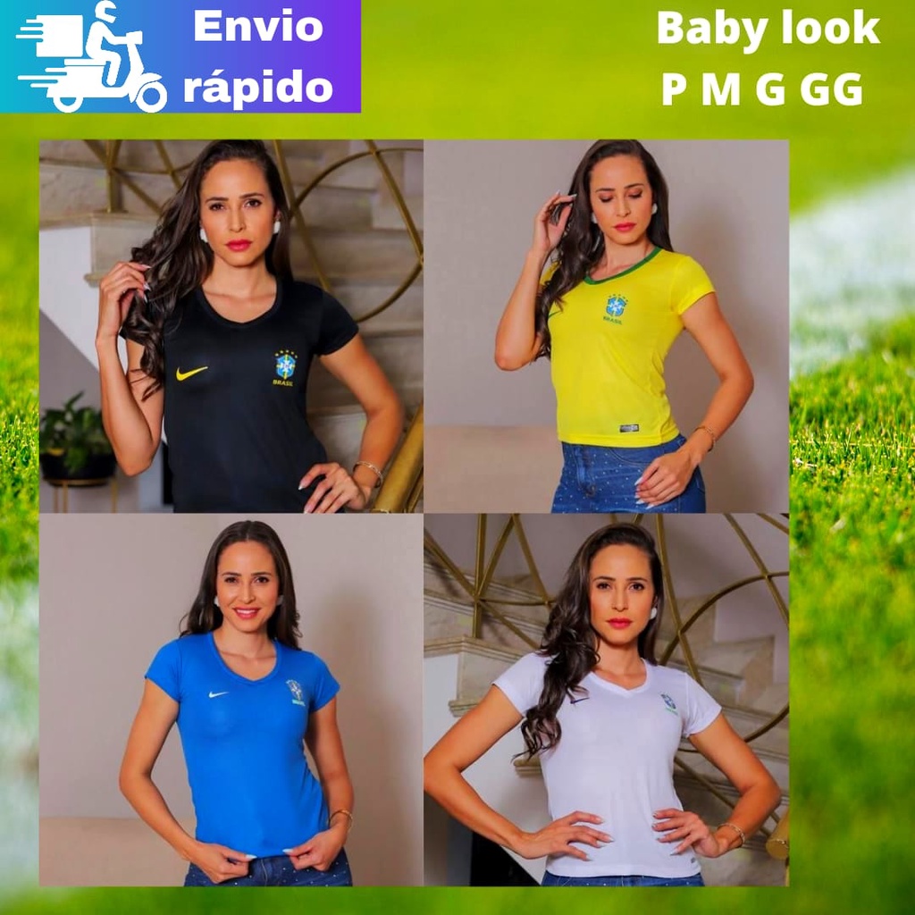 Camiseta Do Brasil Feminina Dry Fit Baby Loock Gola V Copa Do Mundo