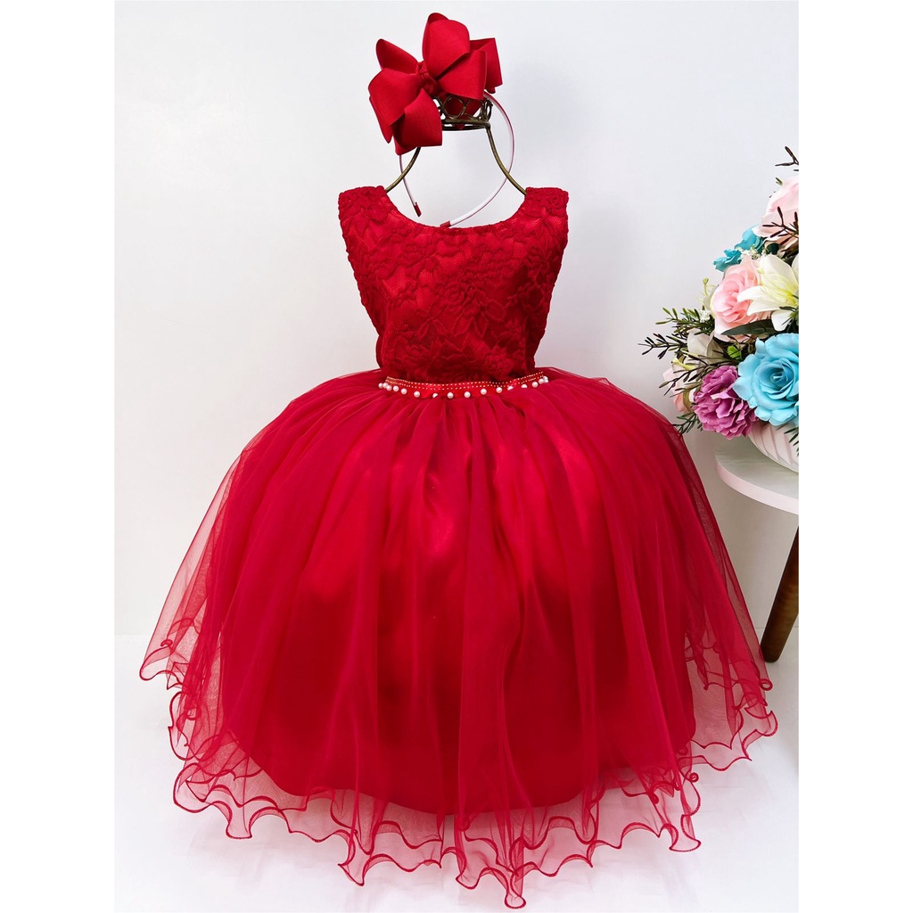 Vestido Infantil Vermelho C Renda Damas De Honra Festa Luxo Shopee