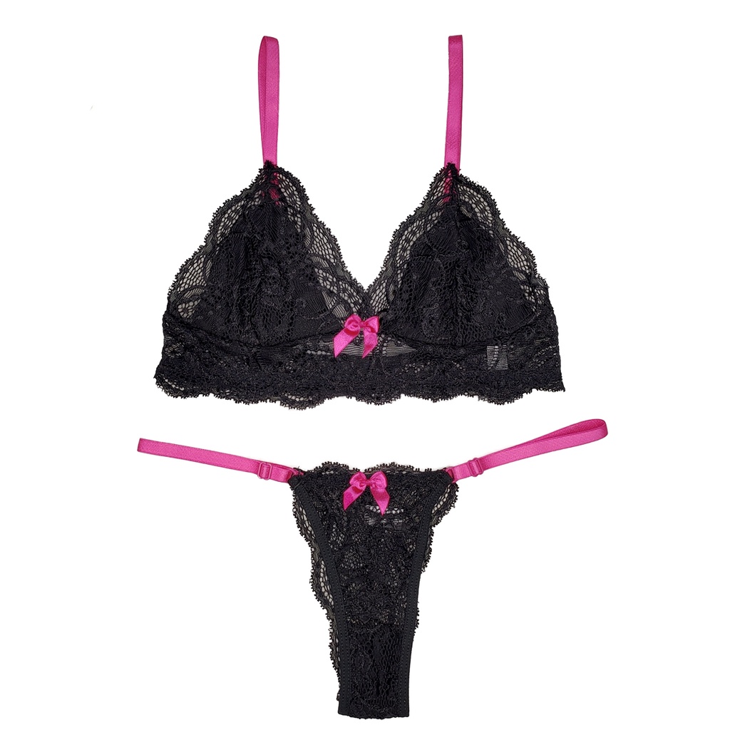 Conjunto Lingerie Renda Bicolor Sutiã Sem Bojo Forro Calcinha