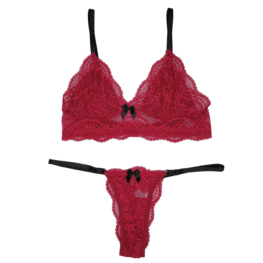 Conjunto Lingerie Renda Bicolor Sutiã Sem Bojo Forro Calcinha Regulagem String Angelina