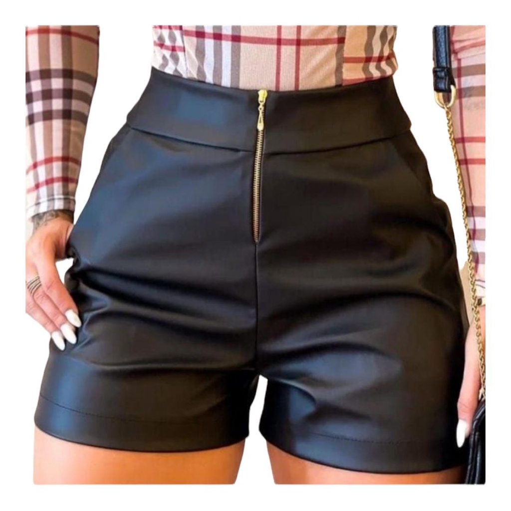 Short Feminino De Couro Cintura Alta Couro Fake Cirre Z Per Frontal