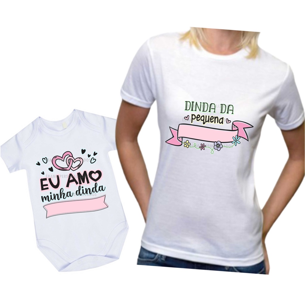 Kit camiseta e body Personalizado o nome da Dinda e do bebê Dinda