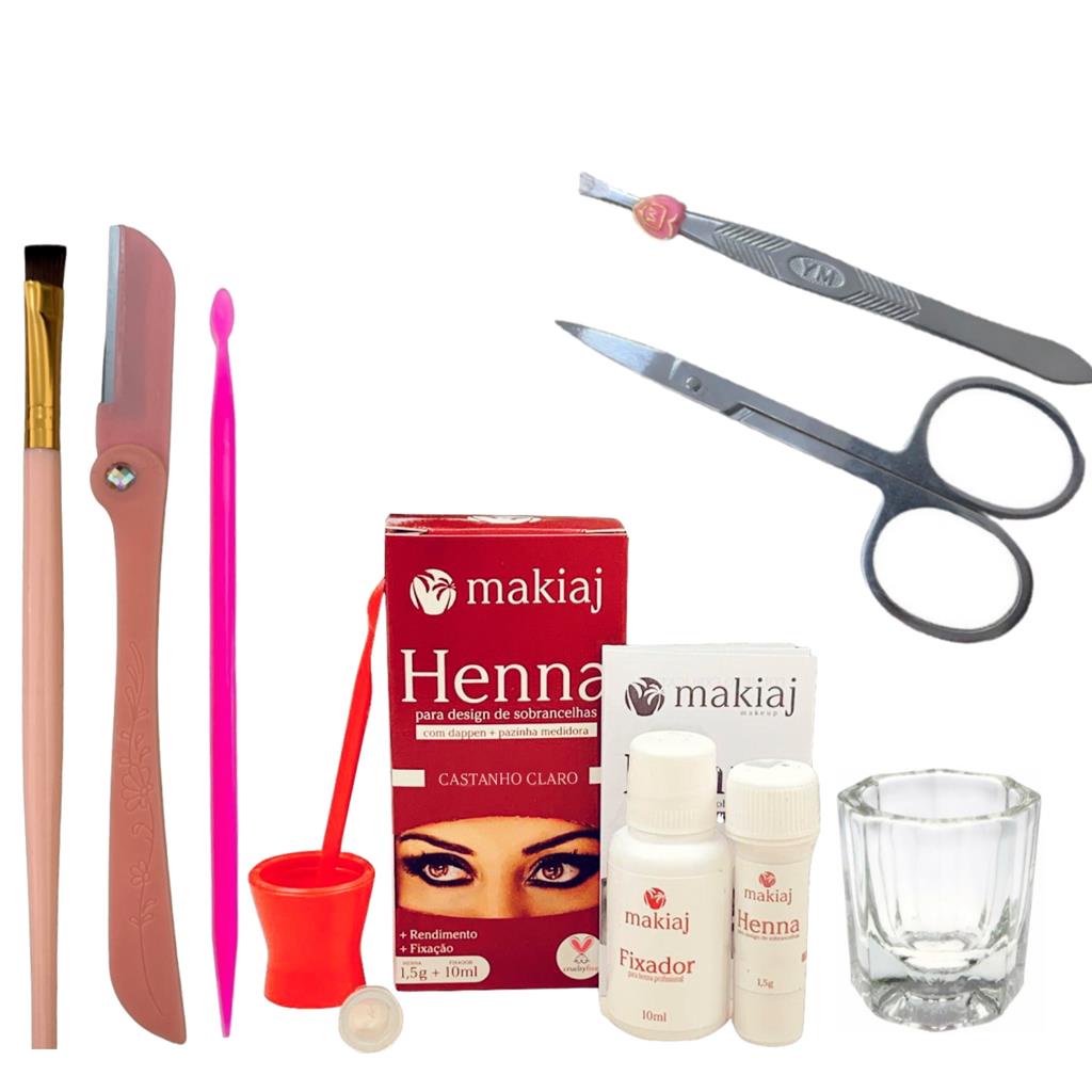 Kit Henna Makiaj Design Sobrancelhas Pincel Navalha Tesoura Pinca