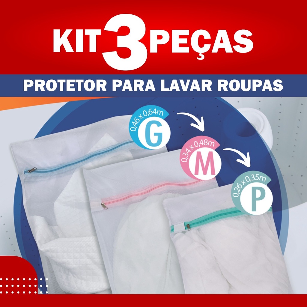 Kit 3 Sacos Para Lavar Roupas P M G Protetor De Lingerie Roupa