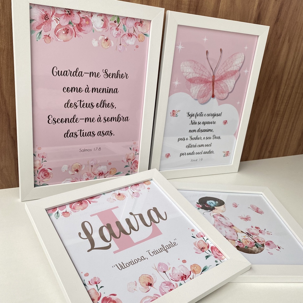 Kit quadros menina jardim nome personalizado e versículos Shopee