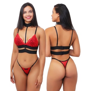 Conjunto Renda Sexy Lingerie Feminino Gargantilha Sensual Calcinha Fio