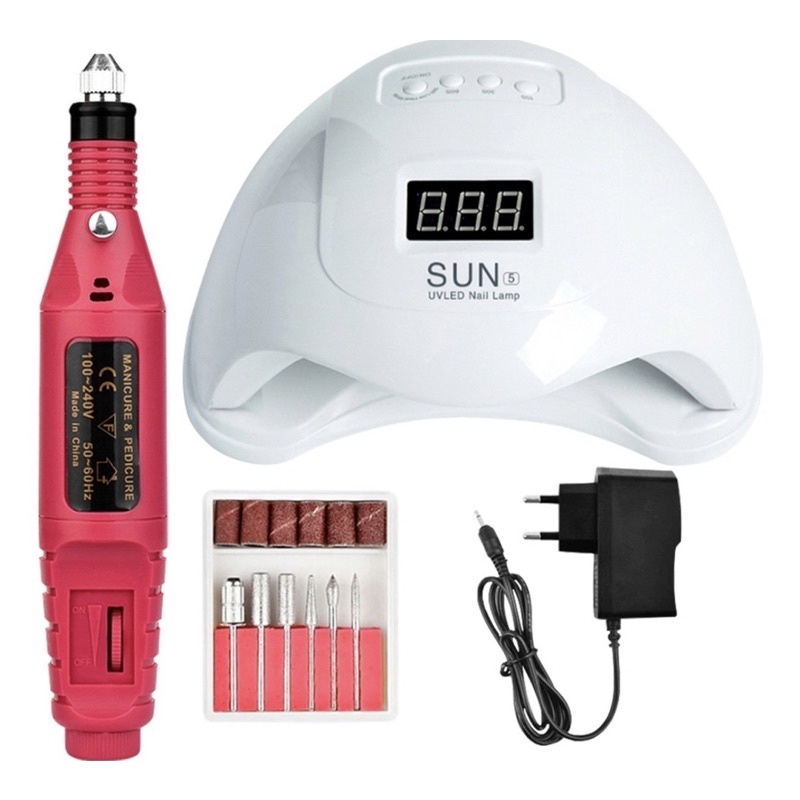 Kit Alongamento Cabine Sun 5 Led Uv Lixadeira Caneta Unhas Gel Acrigel