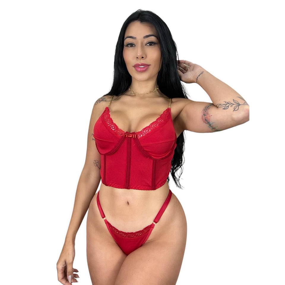 Conjunto Calcinha Fio Dental e Sutiã Cropped Corrente Lingerie